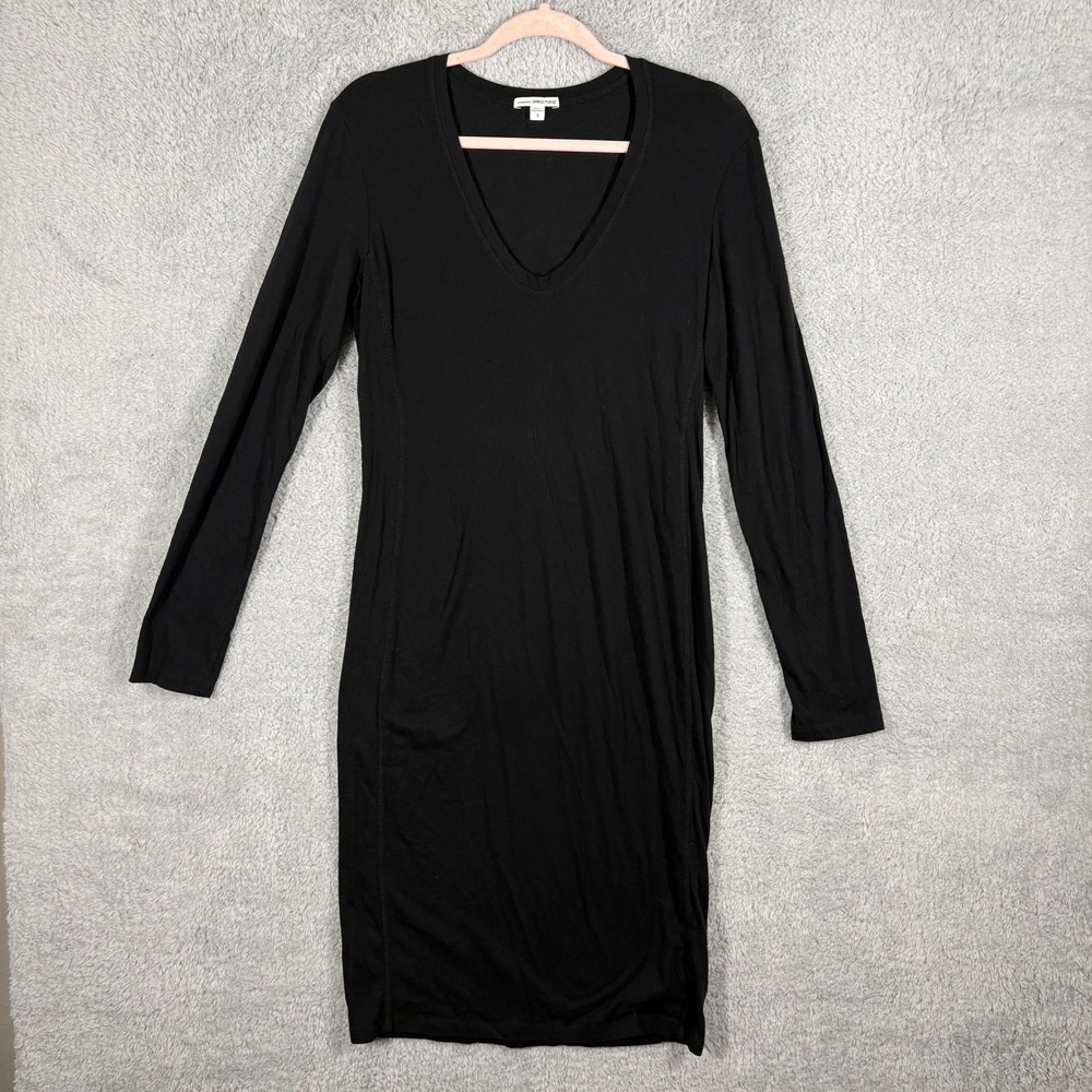 James‎ Perse Standard Black Scoop V-Neck Long Sleeve Midi Bodycon Dress Size L